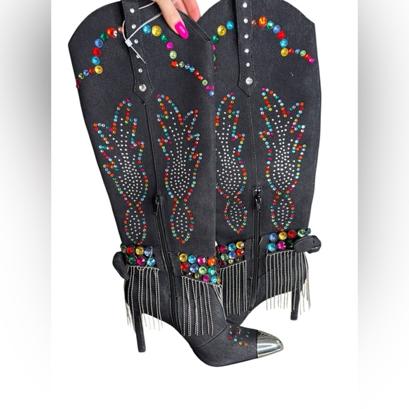 Gianni Bini Kaitrin Rainbow Rhinestone Fringe Bandana Boots Black Denim SZ 8 - Picture 7 of 11